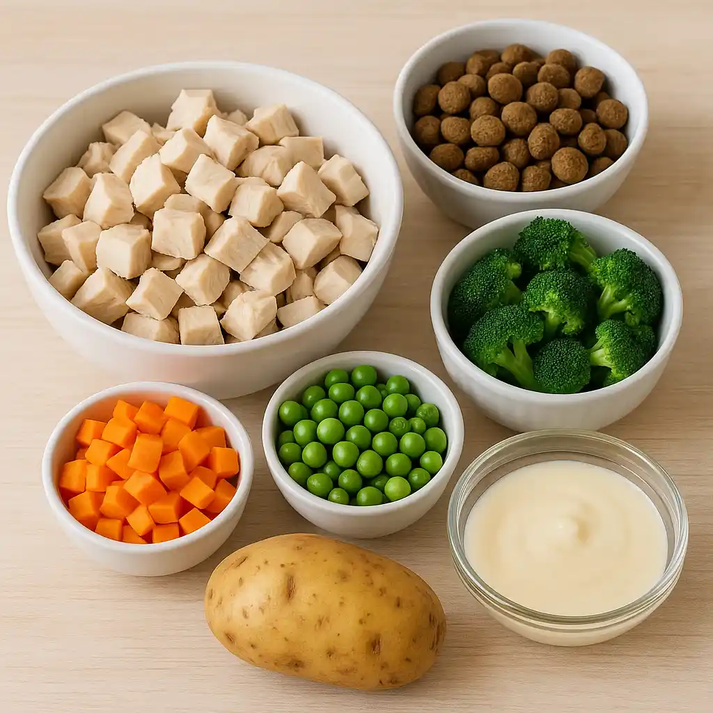 Safe and unsafe pot pie ingredients for dogs infographic