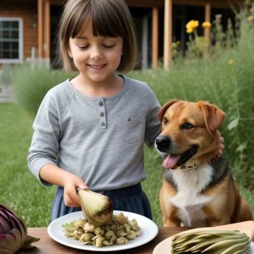 girl feeding her dog Artichokes
